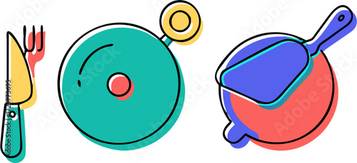 Colorful Kitchen Utensils: Fork Knife Pizza Cutter and Spatula Illustration.