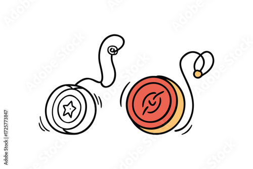 Two colorful hand drawn yo yos in motion with swirling lines and a star and swirl design on white background