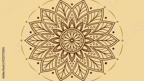 Intricate Brown Line Art Mandala with Floral and Geometric Petal Patterns.
