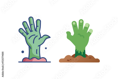 Two stylized cartoon zombie hands emerging from the ground on halloween night with a spooky atmosphere