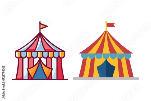 Two colorful striped circus tents with flags on top representing entertainment and fun fair events
