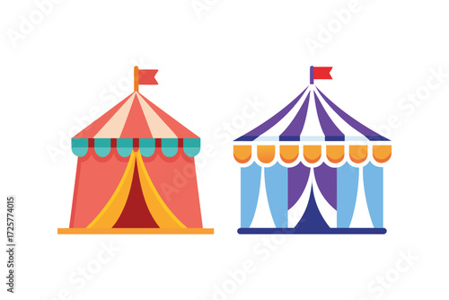 Two colorful striped circus tents with flags on top one red and yellow the other blue and purple on a white background