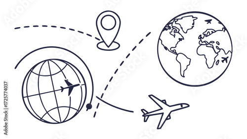 Simple line art global travel icons: airplanes globes location pin and dashed routes for worldwide journeys.