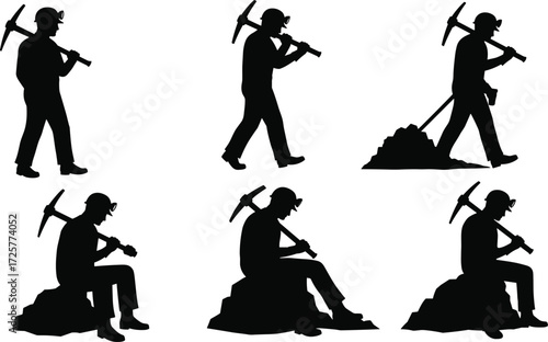 Silhouette, miner, worker, labor, industry, mining, helmet, pickaxe, digging, sitting, resting, walking, posture, activity, motion, job, task, body, pose, action