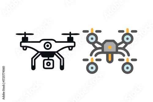 Two distinct drone illustrations side by side one outlined and the other a colorful cartoon style showcasing aerial technology