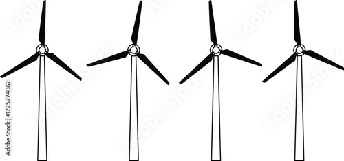 Wind turbine icon set, renewable energy symbol collection, black and white graphic design, sustainable power illustration for eco-friendly technology visuals