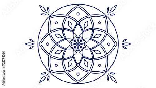 Symmetrical dark blue line art of a floral mandala with geometric leaf patterns and circular elements.