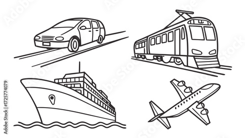 Diverse Transportation Methods Illustrated: Car Train Ship and Airplane.