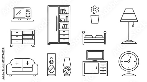 Collection of Outline Style Furniture and Home Appliances Icons.