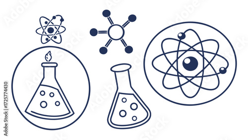 Simple Outline Illustration of Atoms Molecules and Laboratory Flask.