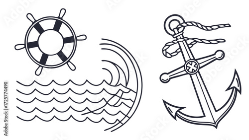 Nautical Symbols: Anchor Ship Wheel and Ocean Waves Illustration.