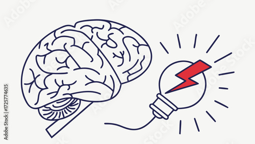 Creative brain illustration with glowing lightbulb and red lightning bolt symbolizing innovative ideas and thought.