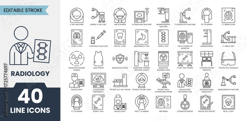Radiology line icons set. Containing imaging room, waiting area, control room, reporting and more. Editable stroke. Vector illustration