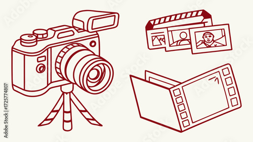Outlined Camera Film and Clapperboard Set for Video Production.