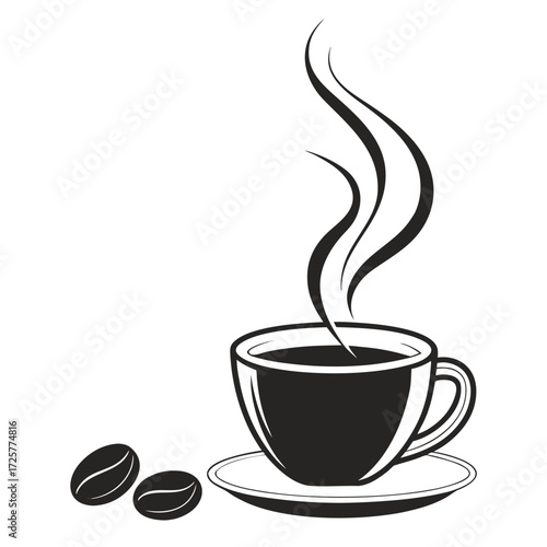 Hot coffee cup and beans steam rising simple design Vector illustration Isolated on white background