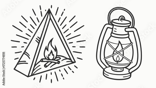 Stylized Line Art of Tent with Campfire and Vintage Lantern.