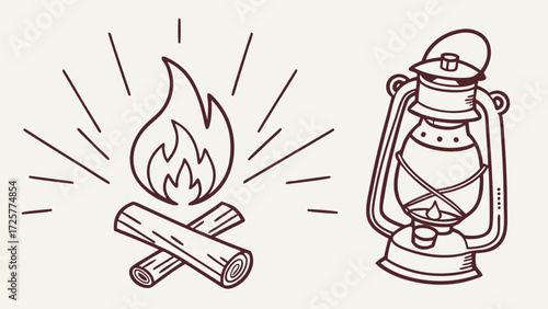 Hand-drawn line art illustration of a crackling campfire and a vintage kerosene lantern.