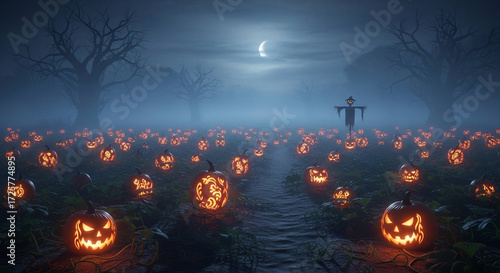 A spooky field of jack-o-lanterns with ornate carvings at night