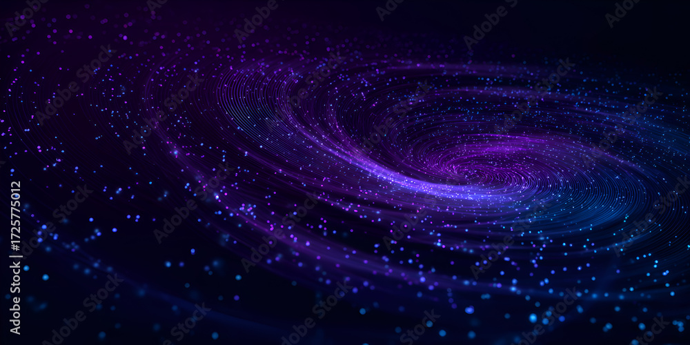 Naklejka premium Glowing purple galaxy swirl with particles in deep space, abstract cosmic background 