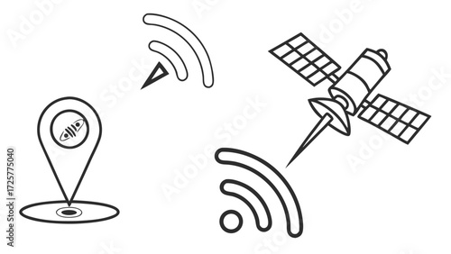 Collection of technology icons in black line art style featuring a satellite GPS pin and wireless signal symbols.