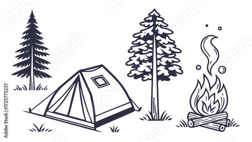 Camping Scene: A Dome Tent Campfire and Evergreen Trees.
