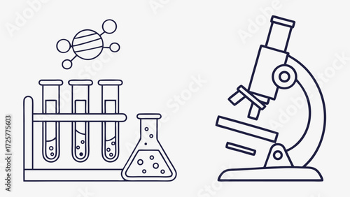 Scientific Equipment Outline: Microscope Test Tubes Flask Molecule.