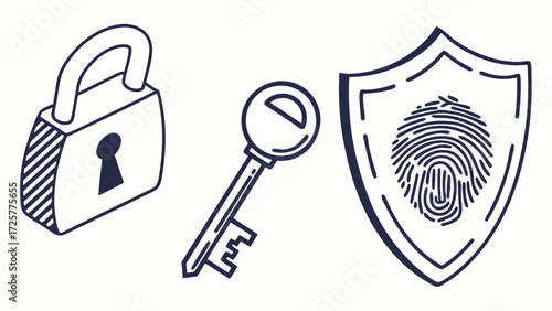 Isometric Padlock Key and Fingerprint Shield: Security Icons.