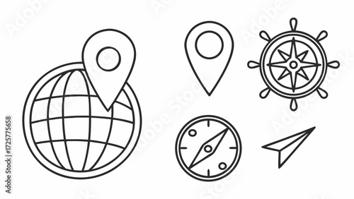 Set of five minimalist black line art icons for travel navigation and global exploration.