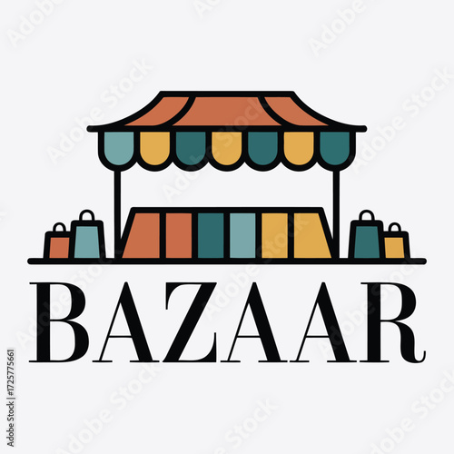 Colorful bazaar stall with shopping bags and text