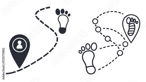 Footprints Journey Tracking Map Icon Set: Person Location Path Destination.