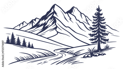 Majestic Mountain Landscape with Winding Path and Coniferous Trees.