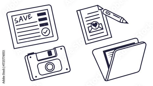 Outlined Digital and Physical Storage Icons: Floppy Disk Folder Document and Save File.