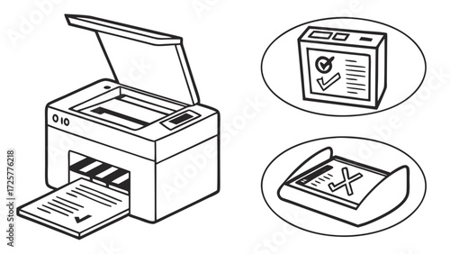 Black and White Printer Icon with Open Lid and Document Symbols.