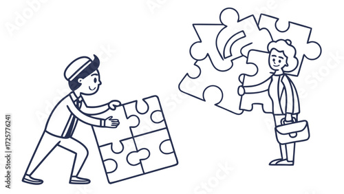 Smiling cartoon business man and woman assembling puzzle pieces depicting collaboration and problem-solving.