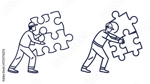 Two men in line art style assembling puzzle pieces together.