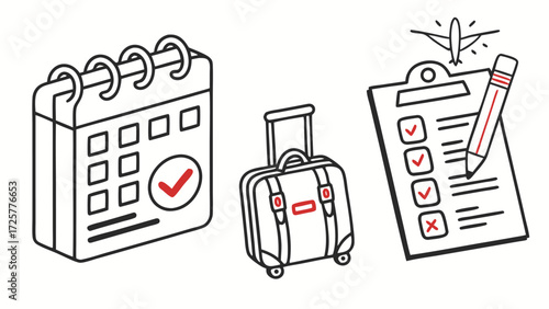 Black and red line art illustration of travel planning icons: calendar suitcase and flight checklist.