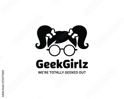 Modern black and white vector illustration of a stylized girl's head with pigtails, bows, and eyeglasses, designed as a clean and playful icon symbolizing youth and intellect