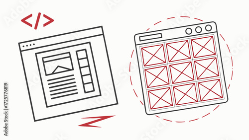 Website Wireframe and Coding Symbol Illustration in Black and Red.