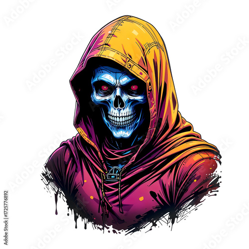 A vibrant, street-art style skull in a neon-lit, orange and magenta hoodie with glowing red eyes. Urban grunge design.
