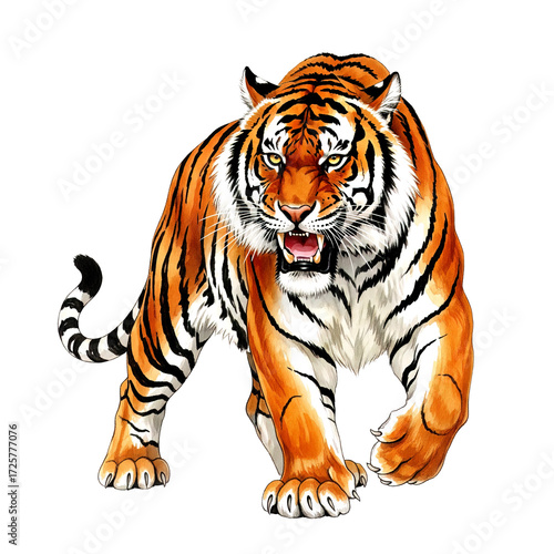 A powerful, action-packed tiger illustration with bold stripes and an aggressive snarl, painted in a dynamic, expressive watercolor style. wild animal.