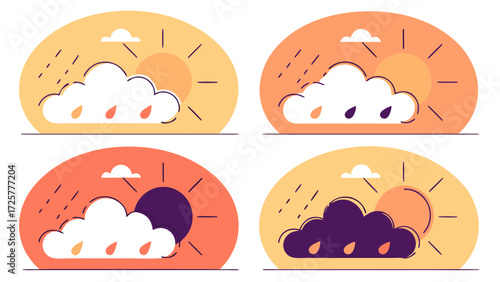 Four Weather Icons: Sunny Rainy Cloudy and Night in Flat Design Style.
