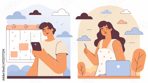 Man and Woman Using Digital Devices Calendar and Laptop Illustrated.