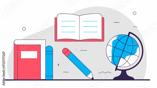 A minimalist flat illustration of educational supplies featuring red books a blue pencil and a world globe.