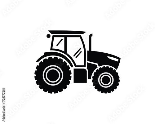 Modern farm tractor silhouette graphic. Agricultural vehicle symbol for farming and harvest concepts. Vector illustration isolated on white background