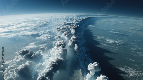 Aerial view of Earth's vast ocean and a prominent cumulonimbus cloud band cutting across, strong light and shadow contrast with cast shadows on water