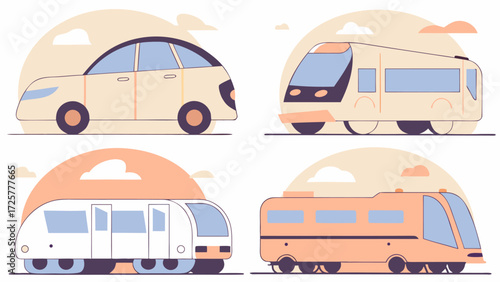 Transportation Vector Set: Car Train Subway and RV in Pastel Colors.