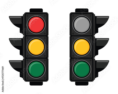 Two distinct traffic signal lights, one showing red, yellow, and green, the other showing grey, yellow, and green, are displayed side-by-side in this illustration