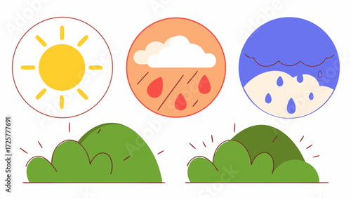 Flat style weather icons collection showing sun and rain over green bushes illustration set.