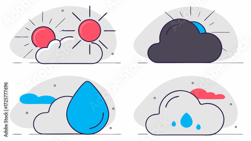 Set of Four Simple Line Art Weather Icons: Sun Storm Cloud Rain and Partly Cloudy.