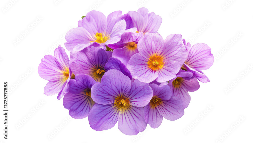 Fototapeta premium A arrangement of purple flowers with delicate petals and bright yellow centers. set against a clean white background. ideal for floral-themed designs and nature-inspired projects